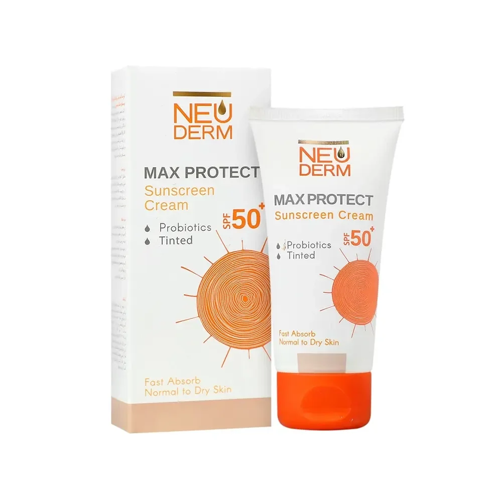 کرم ضد آفتاب با SPF50 رنگی مدل مکس پروتکت مناسب پوست نرمال تا خشک حجم 50 میل نئودرم