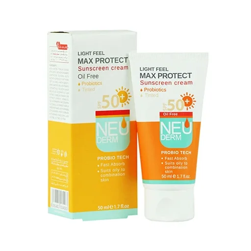 کرم ضدآفتاب SPF50 مکس پروتکت مناسب پوست‌های چرب و دارای آکنه فاقد چربی رنگی حجم 50 میل نئودرم