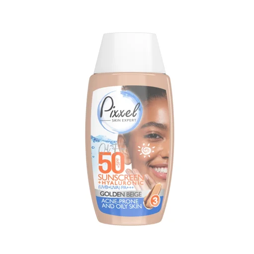 کرم ضدآفتاب SPF50 رنگ بژ طلایی مناسب پوست چرب حجم 50 میل پیکسل
