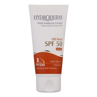 کرم ضد آفتاب با SPF50 رنگی بژ متوسط بدون چربی مناسب پوست چرب و دارای جوش حجم 50 میل هیدرودرم