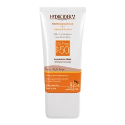 کرم ضدآفتاب رنگی SPF50 فاقد چربی بژ روشن حجم 40 میل هیدرودرم