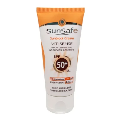 کرم ضد آفتاب با SPF50 رنگی بژ طبیعی مدل Viti-Sense مناسب پوست حساس حجم 50 میل سان سیف