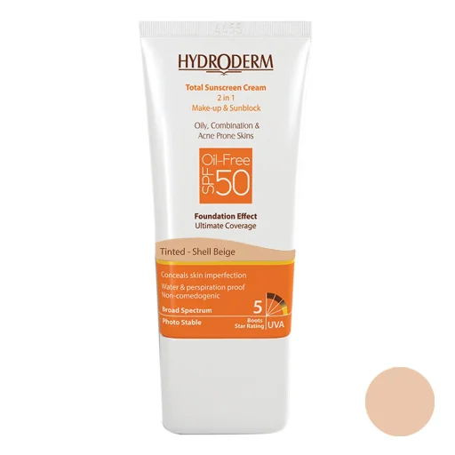 کرم ضدآفتاب SPF50 رنگی فاقد چربی بژ صدفی حجم 40 میل هیدرودرم
