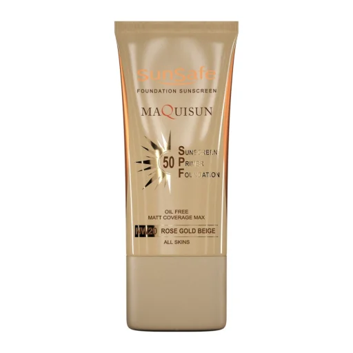 ضدآفتاب کرم پودری همراه با پرایمر SPF50 فاقد چربی رز گلد کد NW20 حجم 40 میل سان سیف