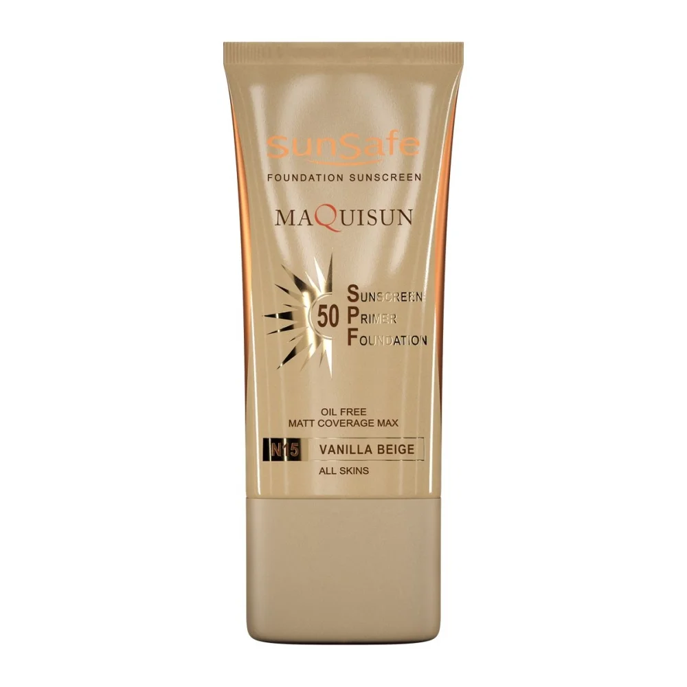 ضد آفتاب کرم پودری همراه پرایمر با SPF50 رنگی بژ وانیلی کد N15 مکی سان حجم 40 میل سان سیف