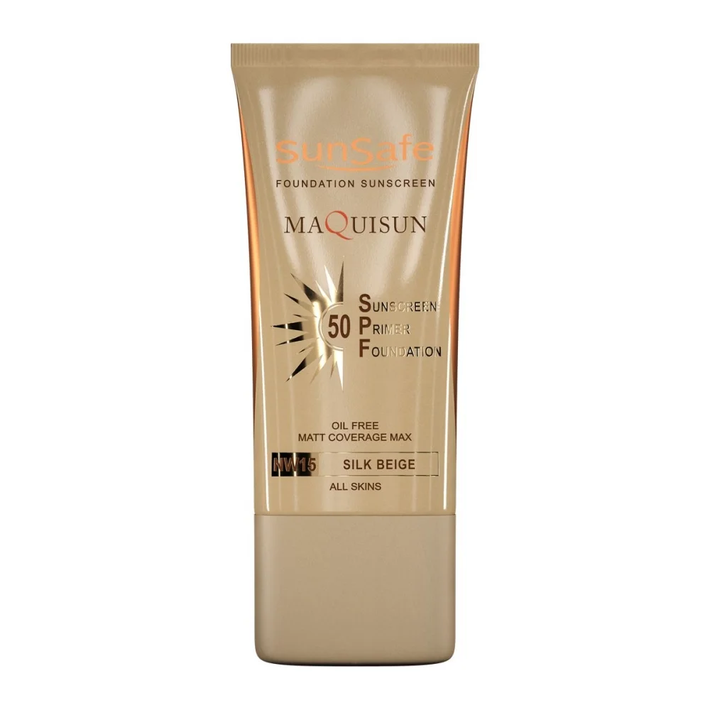 ضد آفتاب کرم پودری همراه پرایمر با SPF50 رنگی بژ ابریشمی کد NW15 مکی سان حجم 40 میل سان سیف