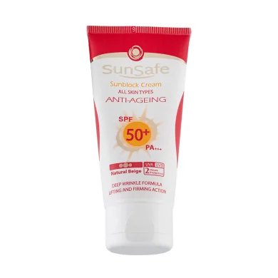 ضد آفتاب با SPF50 رنگی بژ طبیعی ضد چروک مناسب انواع پوست حجم 50 میل سان سیف