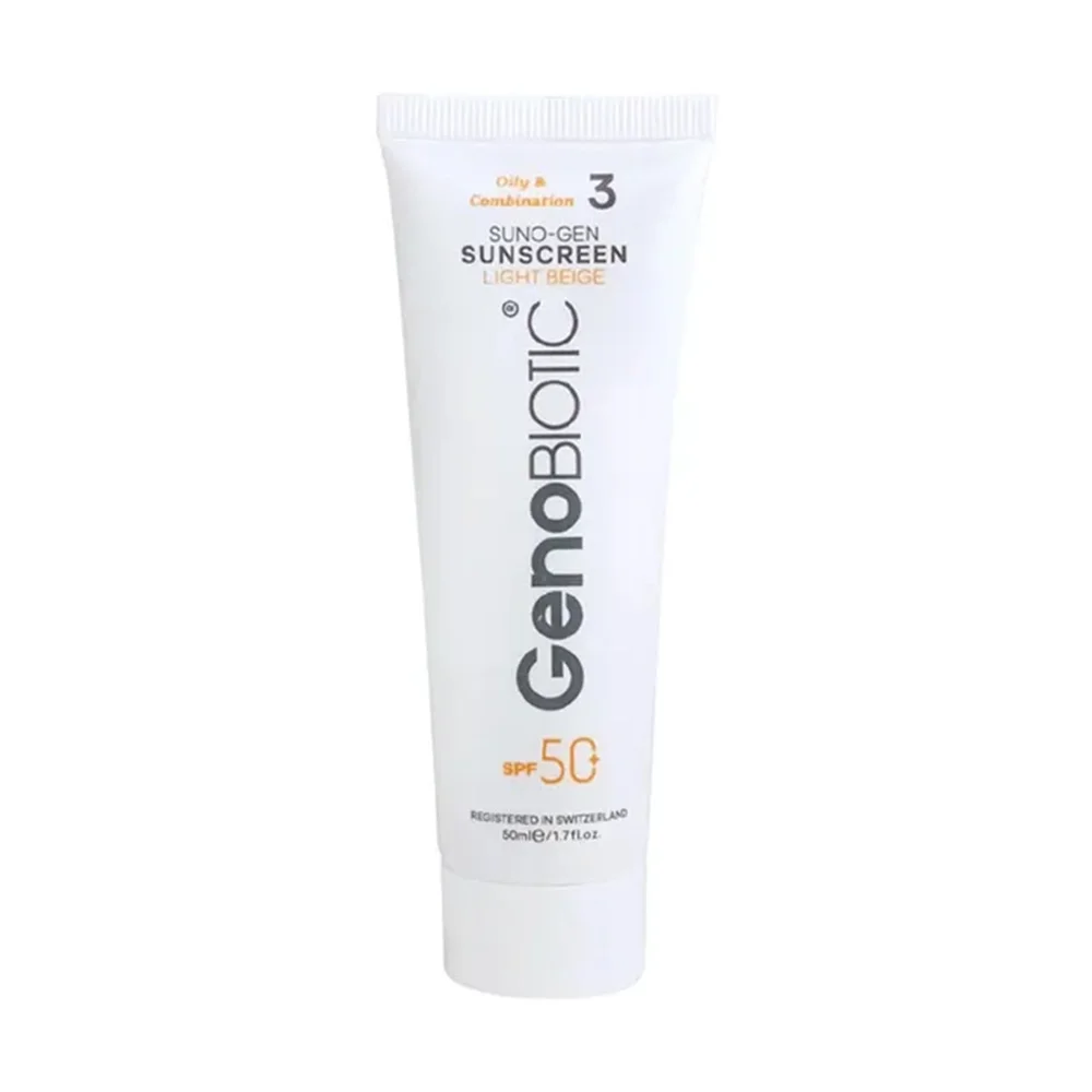 ضد آفتاب با SPF50 رنگی بژ روشن مناسب پوست چرب حجم 50 میل ژنوبایوتیک