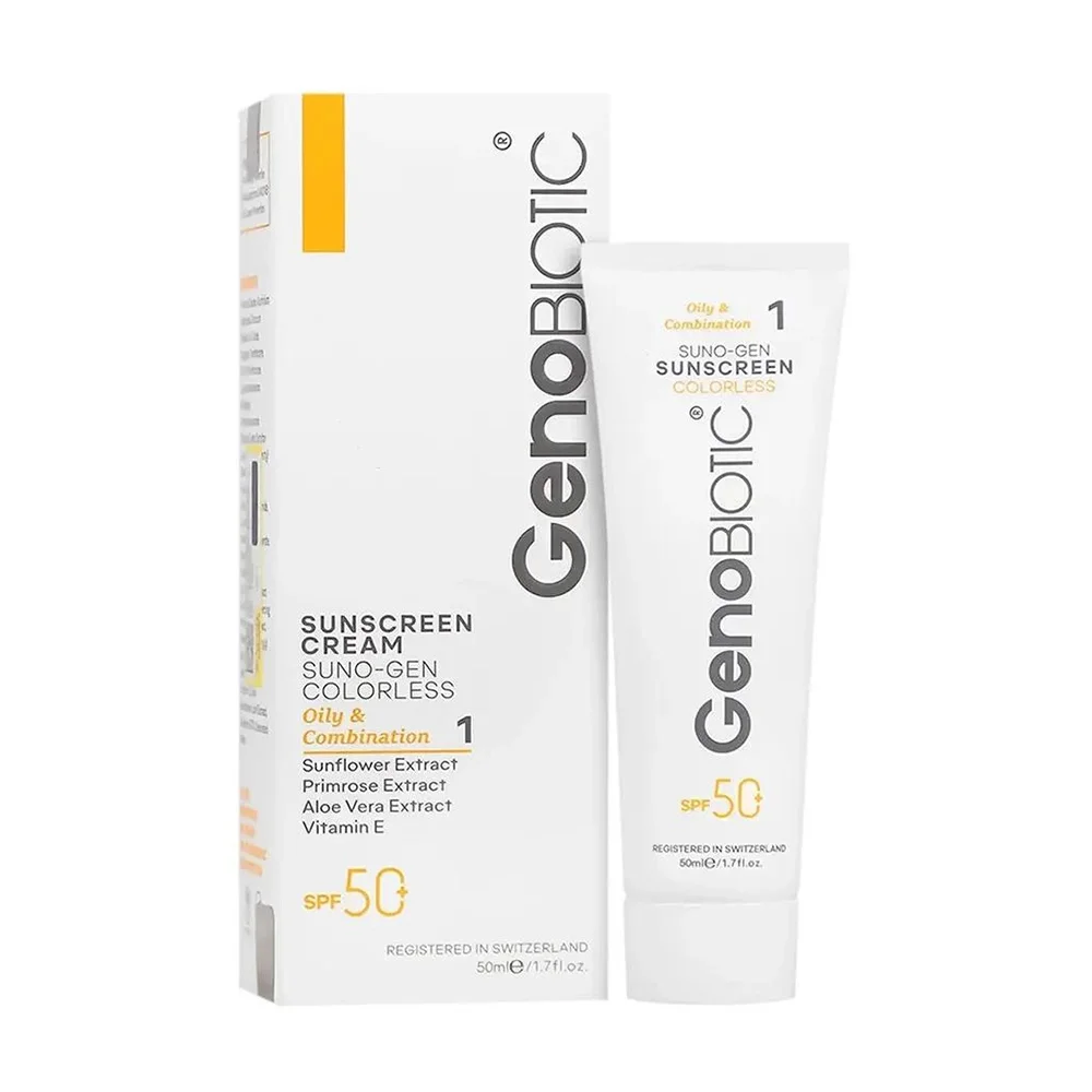 ضد آفتاب با SPF50 بی رنگ مدل سانوژن مناسب پوست چرب و مختلط حجم 50 میل ژنوبایوتیک
