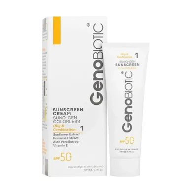 ضد آفتاب با SPF50 بی رنگ مدل سانوژن مناسب پوست چرب و مختلط حجم 50 میل ژنوبایوتیک