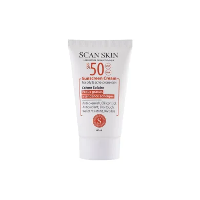 کرم ضد آفتاب با SPF50 بی رنگ مناسب پوست چرب و مستعد آکنه حجم 40 میل اسکن اسکین