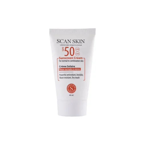 کرم ضدآفتاب SPF50 مناسب پوستهای نرمال تا مختلط فاقد رنگ حجم 40 میل اسکن اسکین