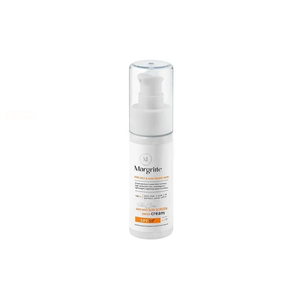 کرم ضد آفتاب و روشن کننده با SPF50 رنگی بژ طبیعی مناسب پوست چرب و مستعد آکنه حجم 50 میل مارگریت