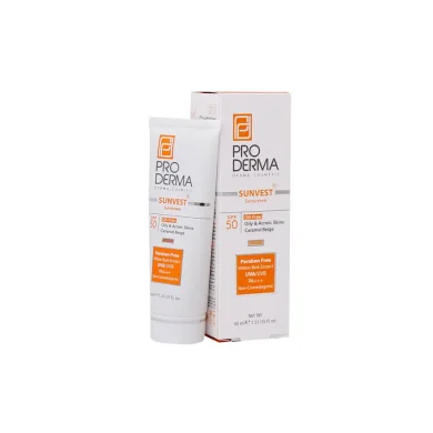 کرم ضد آفتاب با SPF50 رنگی بژ طبیعی مناسب پوست چرب و دارای آکنه حجم 40 میل پرودرما