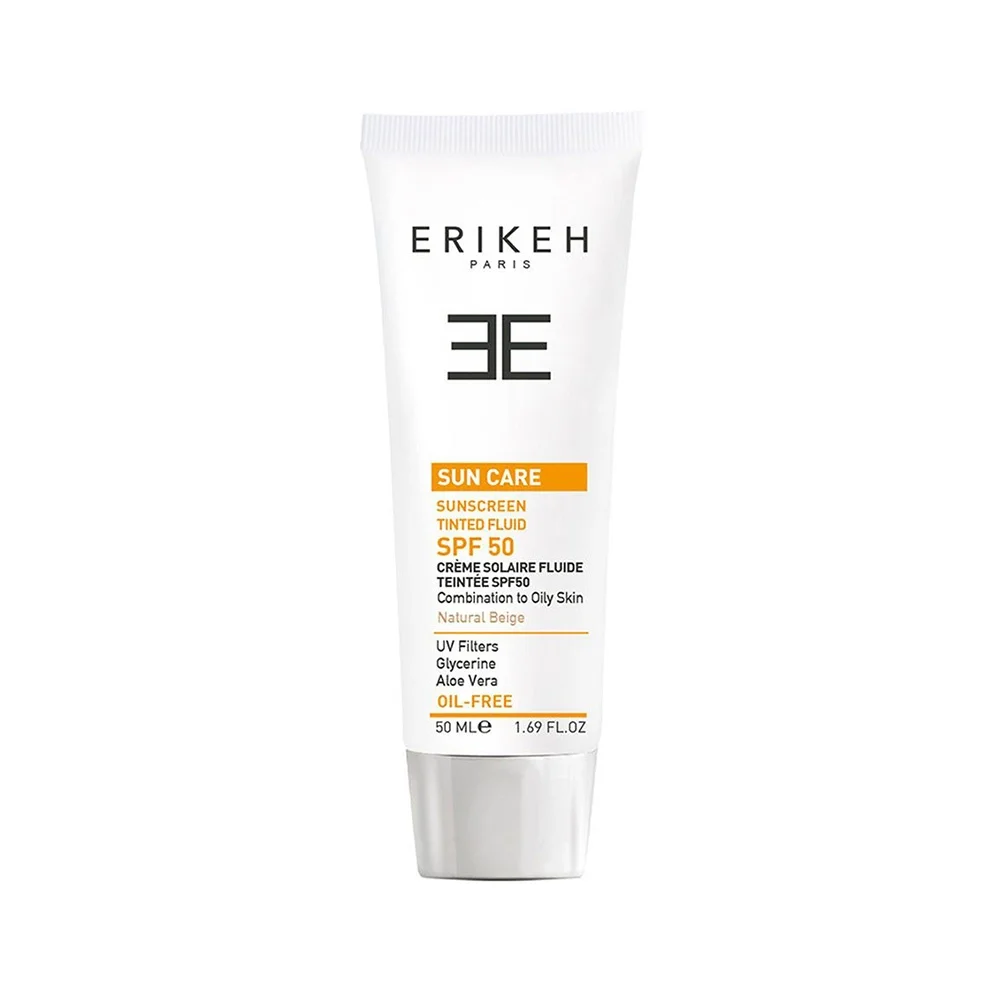 ضد آفتاب فلوئیدی با SPF50 رنگی بژ طبیعی بدون چربی مناسب پوست چرب و دارای آکنه حجم 50 میل اریکه
