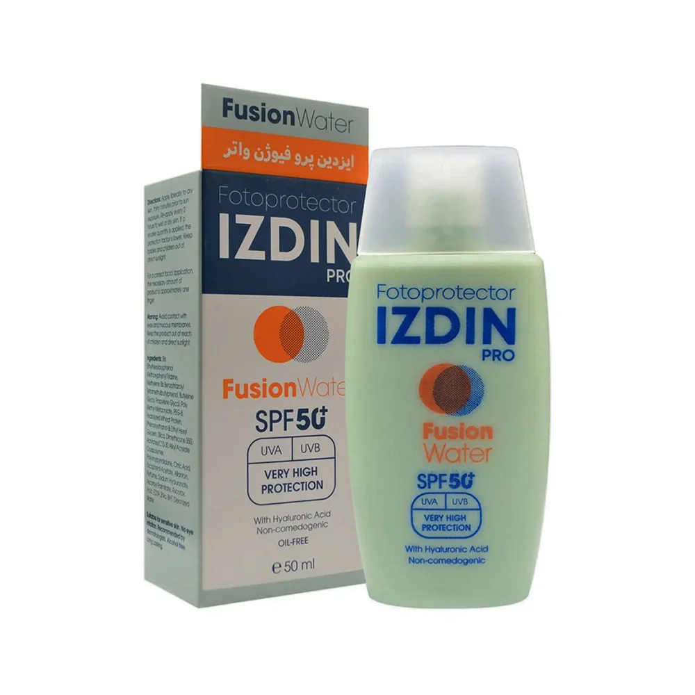 کرم ضد آفتاب با SPF50 بی رنگ مدل Fusion Water مناسب انواع پوست حجم 50 میل ایزدین پرو