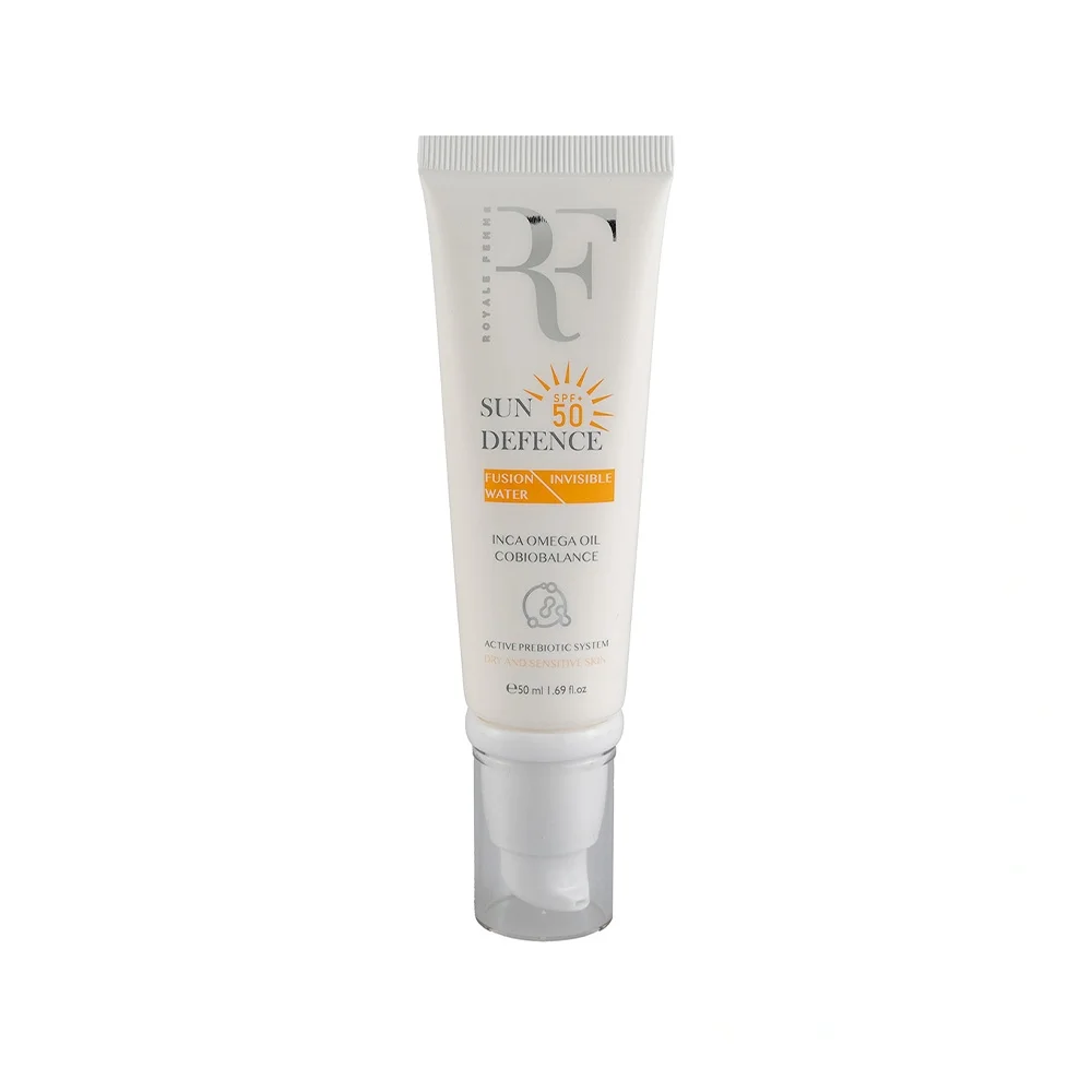 کرم ضد آفتاب با SPF50 بی رنگ مناسب پوست خشک و حساس حجم 50 میل آر اف