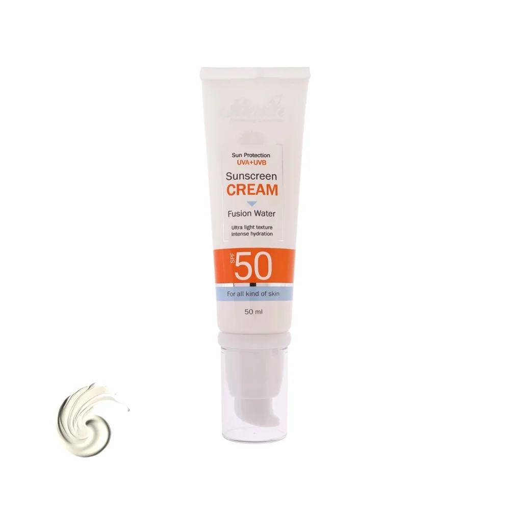 کرم ضد آفتاب با SPF50 بی رنگ فیوژن واتر مناسب انواع پوست حجم 50 میل ثمین