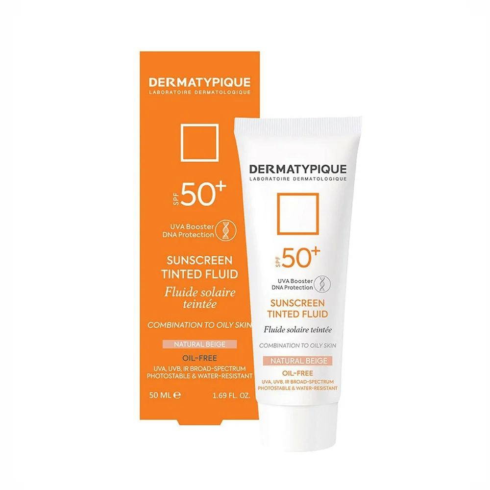 ضد آفتاب با SPF50 رنگی بژ طبیعی مدل Tinted Fluid مناسب پوست چرب حجم 50 میل درماتیپیک