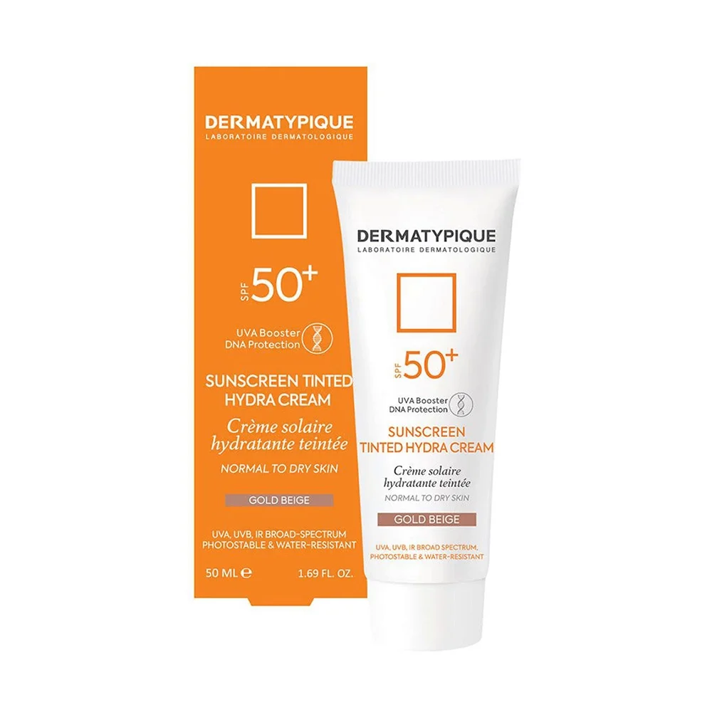 کرم ضد آفتاب با SPF50 رنگی بژ طلایی مدل Tinted Hydra مناسب پوست خشک حجم 50 میل درماتیپیک