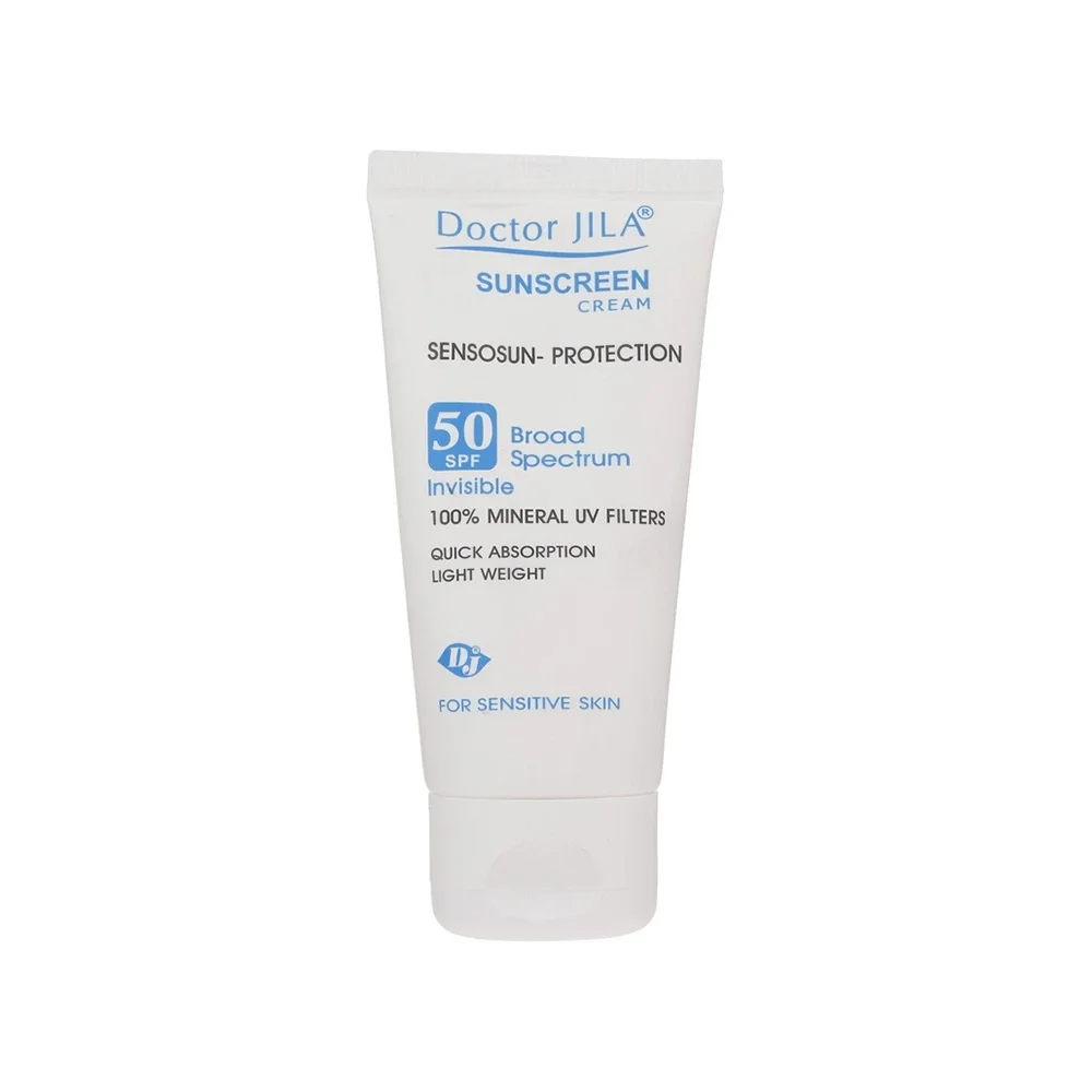 کرم ضد آفتاب با SPF50 بی رنگ مدل سنسوسان پروتکشن مناسب پوست حساس حجم 50 میل دکتر ژیلا