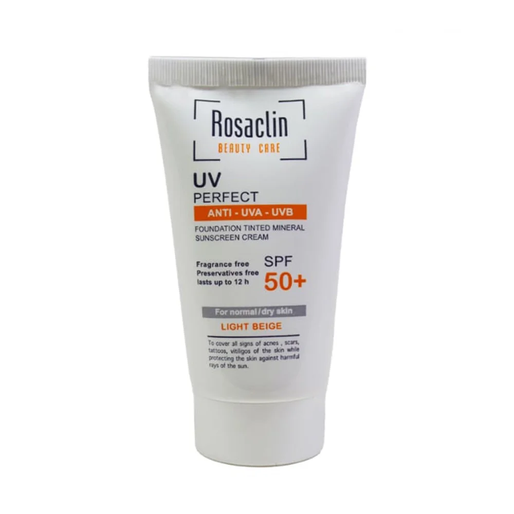 کرم ضد آفتاب با SPF50 رنگی بژ روشن مناسب پوست خشک و نرمال حجم 40 میل رزاکلین