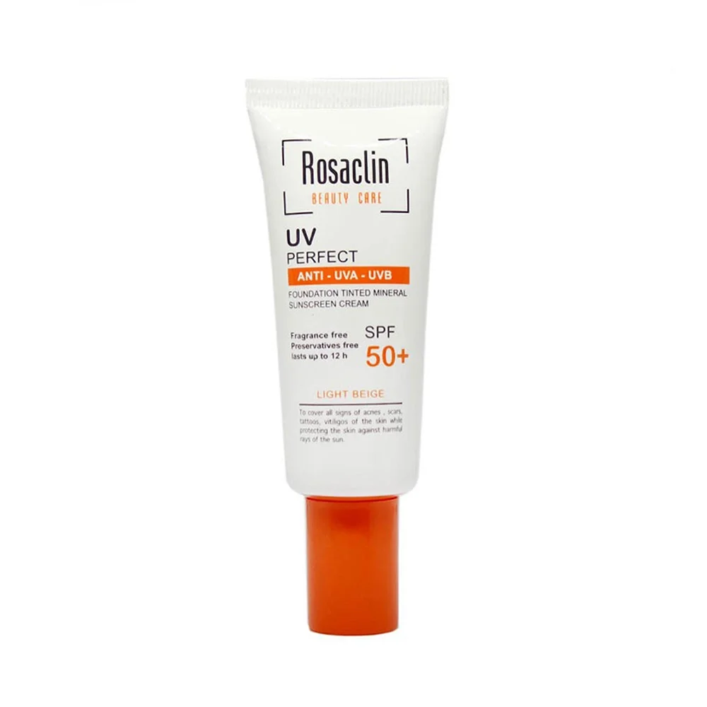 کرم ضد آفتاب با SPF50 رنگی بژ طبیعی مناسب پوست چرب و مختلط حجم 40 میل رزاکلین