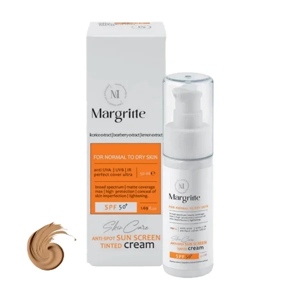 کرم ضد آفتاب با SPF50 رنگی بژ طبیعی مناسب پوست خشک و نرمال حجم 50 میل مارگریت