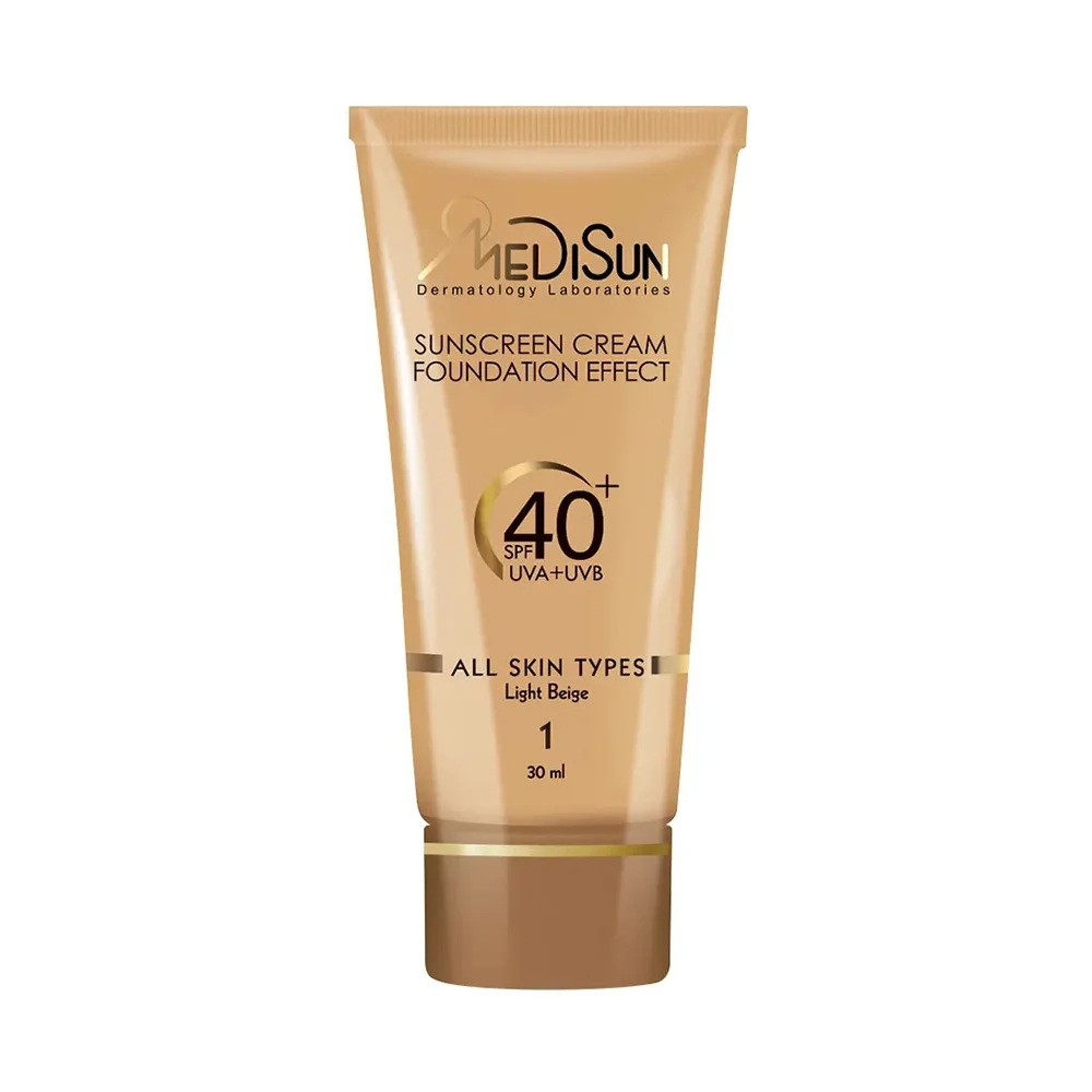 ضد آفتاب کرم پودری با SPF40 رنگی بژ روشن مناسب انواع پوست حجم 30 میل مدیسان
