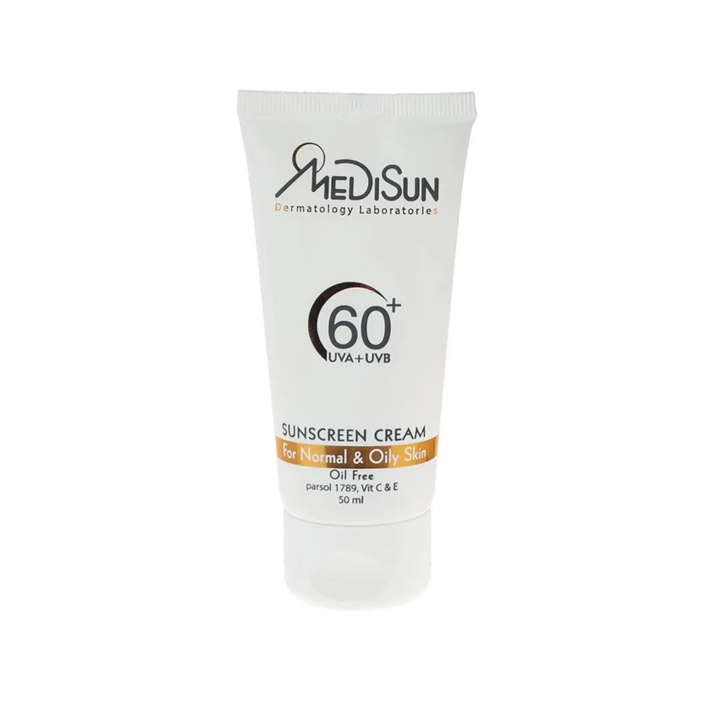 کرم ضد آفتاب با SPF60 بی رنگ مناسب پوست چرب و نرمال حجم 50 میل مدیسان