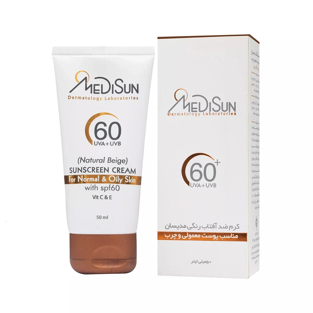 کرم ضد آفتاب با SPF60 رنگی مناسب پوست چرب و نرمال حجم 50 میل مدیسان