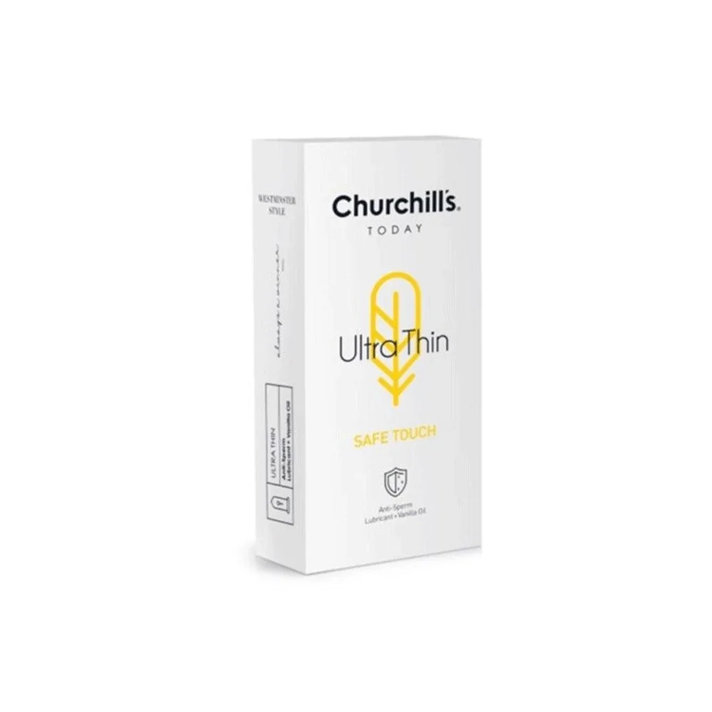 کاندوم نازک اسپرم کش روان کننده وانیل مدل Ultra Thin بسته 12 عددی چرچیلز