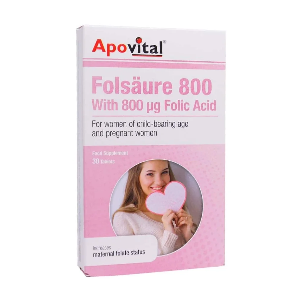 قرص فولیک اسید 800 میکروگرم بسته 30 عددی آپوویتال
