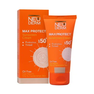 کرم ضد آفتاب با SPF50 رنگی مدل مکس پروتکت مناسب پوست چرب و دارای آکنه بدون چربی حجم 50 میل نئودرم
