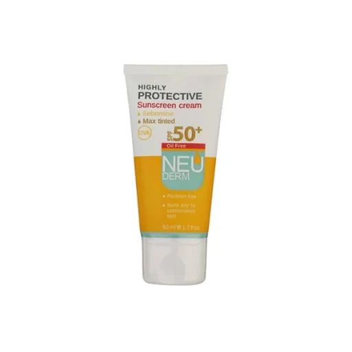 کرم ضدآفتاب SPF50+ فاقد چربی رنگی تیره حجم 50 میل نئودرم