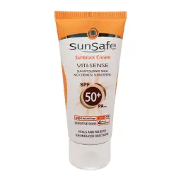 کرم ضد آفتاب با SPF50 رنگی بژ طبیعی مدل Viti-Sense مناسب پوست حساس حجم 50 میل سان سیف