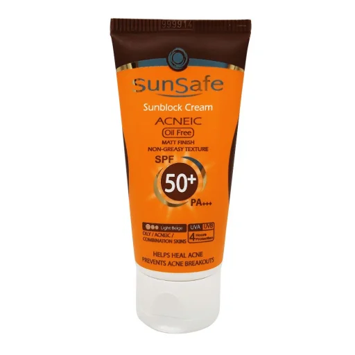 ضدآفتاب رنگی SPF50 فاقد چربی مناسب پوست چرب بژ روشن حجم 50 میل سان سیف