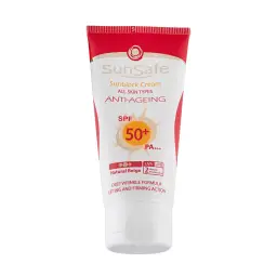 ضد آفتاب با SPF50 رنگی بژ طبیعی ضد چروک مناسب انواع پوست حجم 50 میل سان سیف