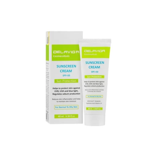 کرم ضدآفتاب SPF50 مناسب پوستهای نرمال تا چرب حجم 40 میل دلاویگا