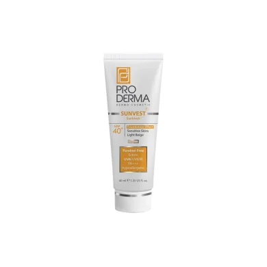 کرم ضد آفتاب با SPF40 رنگی بژ روشن مناسب پوست حساس حجم 40 میل پرودرما