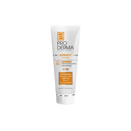 کرم ضدآفتاب SPF60 مناسب پوستهای نرمال تا خشک بژ طبیعی حجم 40 میل پرودرما