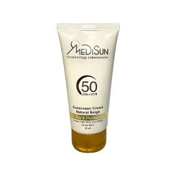 کرم ضد آفتاب با SPF50 بژ طبیعی مناسب پوست خشک و نرمال حجم 50 میل مدیسان