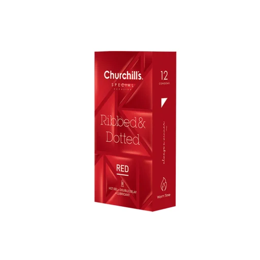 کاندوم اسپشیال خاردار شیاردار روانکننده تاخیری دابل ژل گرم 12 عددی مدل Ribbed & Dotted Red چرچیلز